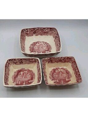 Vintage Mason's Vista Pink Red Transferware Square Dishes Set of 3 Lorne Berry